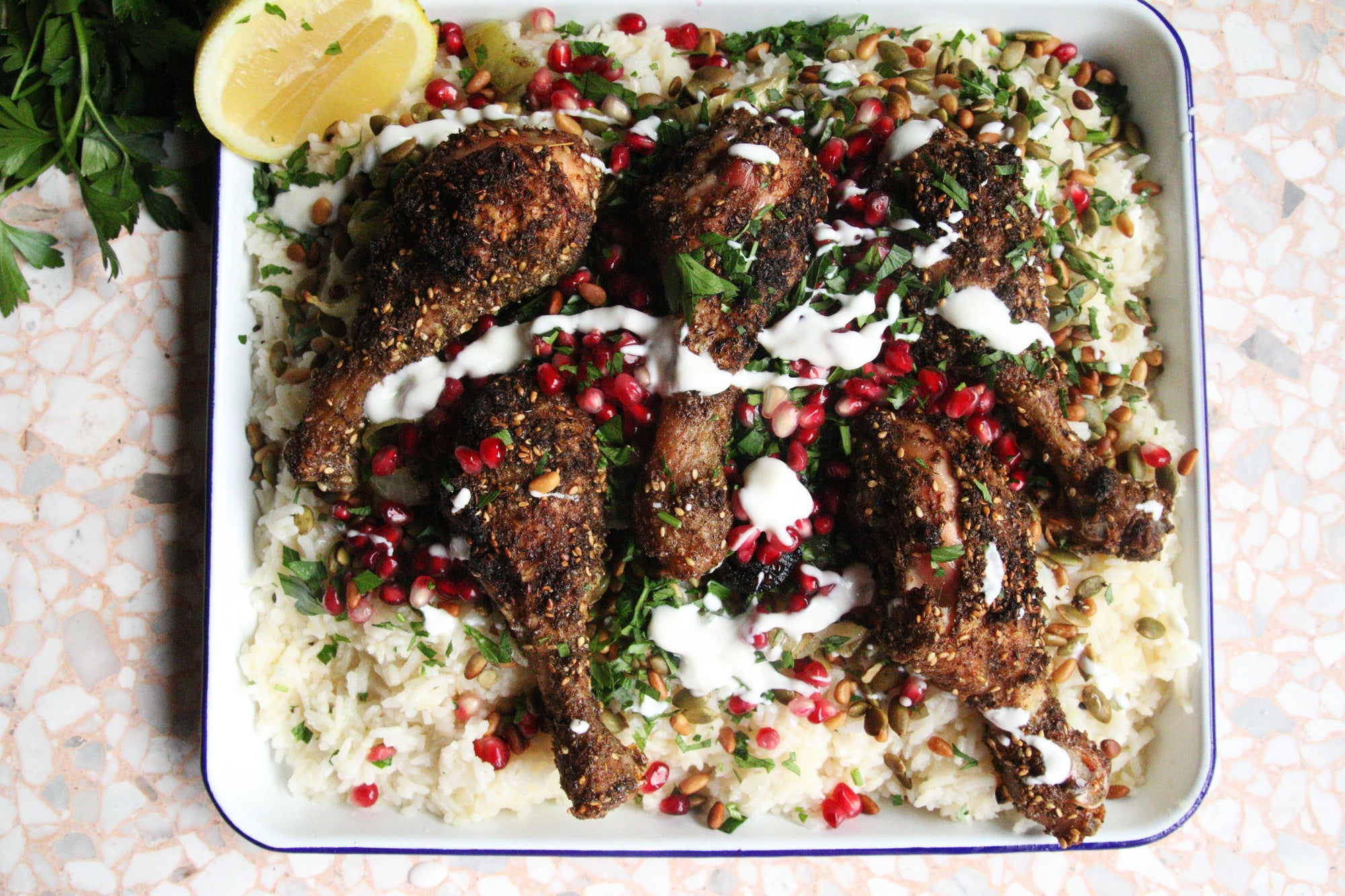 Za'atar Roast Chicken with Pilaf, Pomegranate and Nuts
