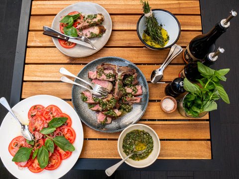 Grass Fed T-bone steak, Anchovy Salsa Verde, The best Tomato salad