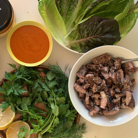 BBQ Lamb Shoulder Chops with Harissa, Pickled Veg + Herbs