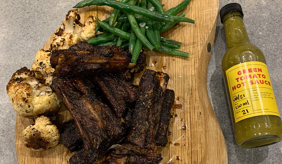 Saltbush and Pepperberry Lamb Ribs with Green Tomato Hot Sauce