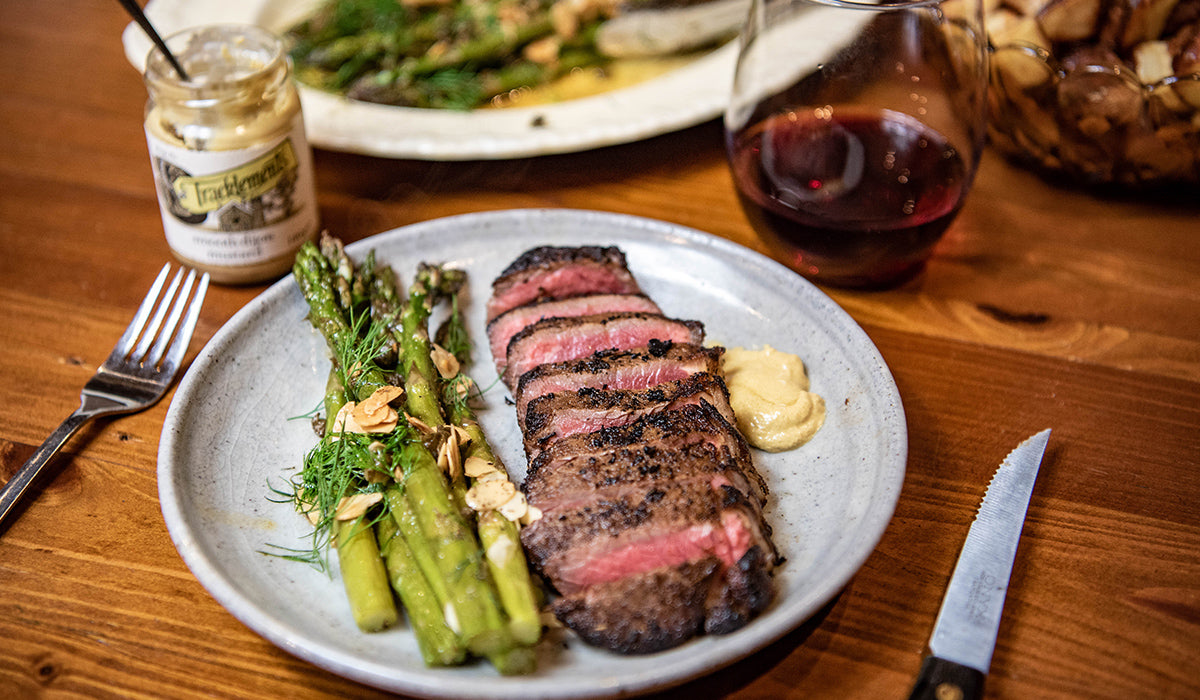 Bush tomato seasoned steak with roasted asparagus