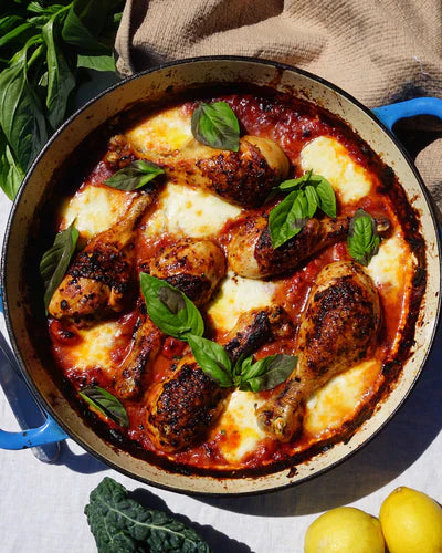 Recipes under $20 - One Pan Chicken with Tomato + Buffalo Mozzarella
