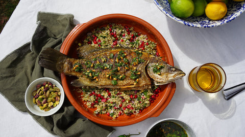 Fried Barra with Herb Oil + Toasted Pine nuts