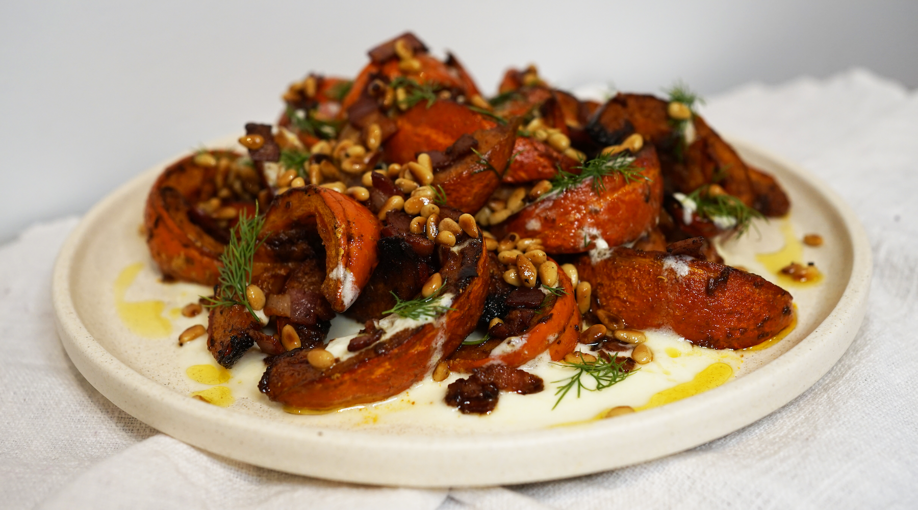 Roasted Pumpkin with Yoghurt and Streaky Bacon