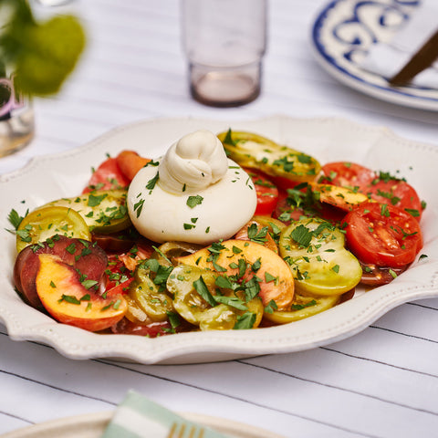 Burrata, Peach + Tomato Salad