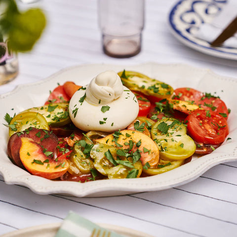 Festive Recipes - Burrata, Peach + Tomato Salad