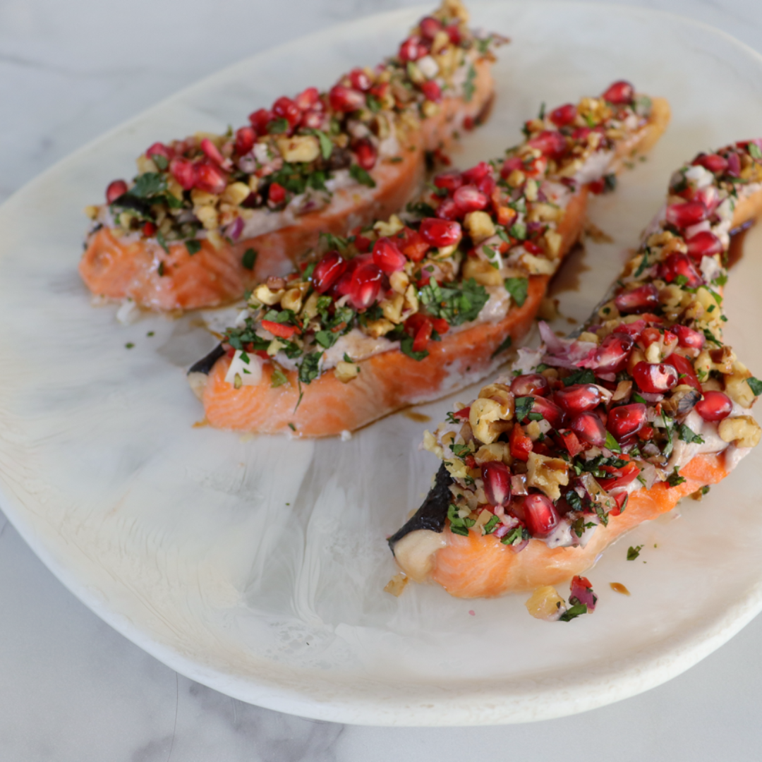 Baked Salmon with Herb, Tahini & Pomegranate crust
