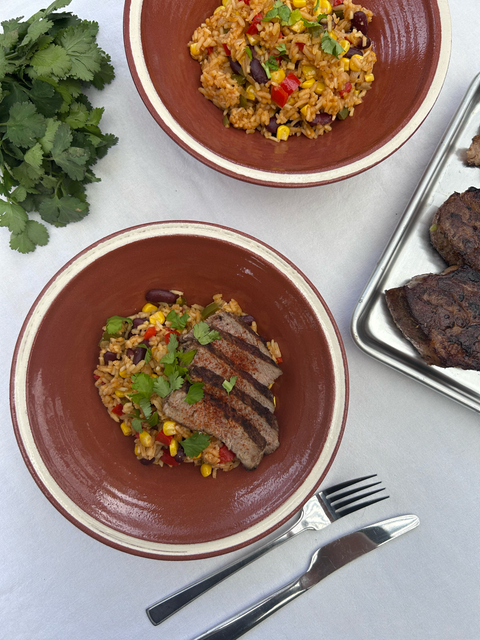 Grilled Adobo Pork Steaks with Mexican Rice