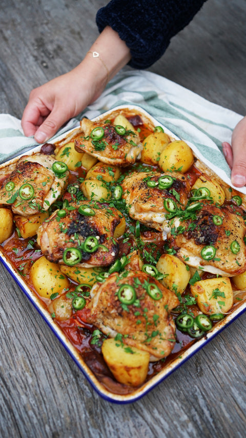 Harissa + Miso Chicken Tray Bake
